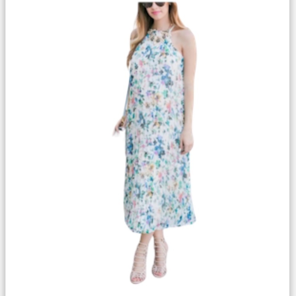 LIKELY Midi Dress 8 Chiffon Sheath Pleated Halter Floral Flowy Party Coquette - Picture 7 of 12